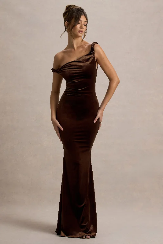 Neeka | Brown Velvet Twisted Asymmetric Maxi Dress Trendy Maxi Dress with Bow