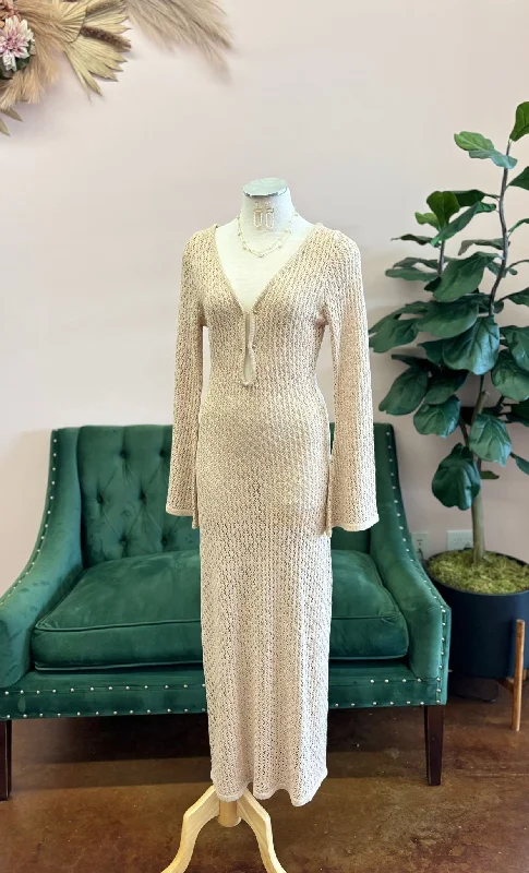 Nude Long Sleeve Crochet Maxi Dress Trendy Floral Print Maxi Dress