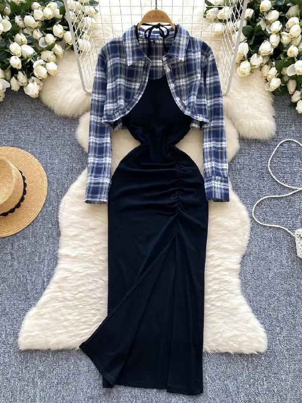 Plaid Cropped Jacket Ruched Maxi Dress Two-Piece Set Stylish Off-Shoulder Maxi Dress Plaid Cropped Jacket Ruched Maxi Dress Two-Piece Set Stylish Off-Shoulder Maxi Dress
