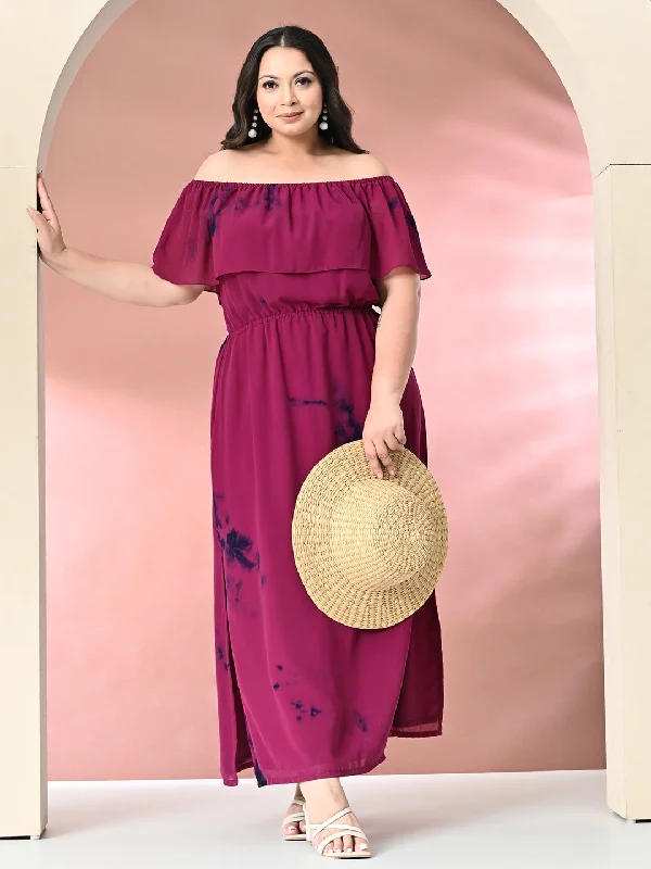 Plus Size Wine Off Shoulder Georgette Maxi Dress Elegant Maxi Dress with Drapes