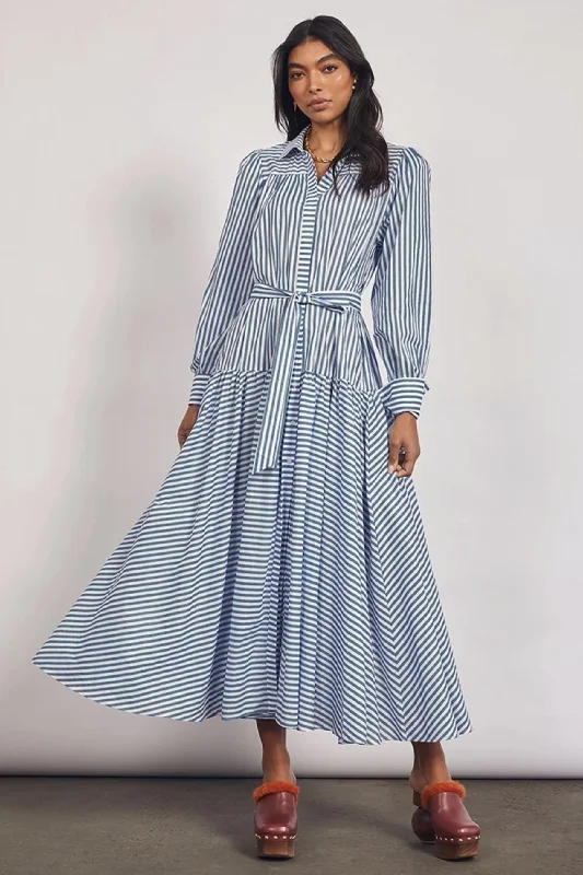 River Long Sleeve Maxi Dress | Blue Stripe Elegant Maxi Dress with Belt