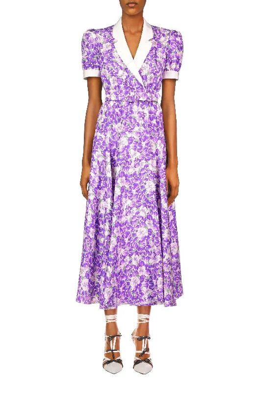 Purple Iris Printed Silk Twill Collared Dress With Belt Detail