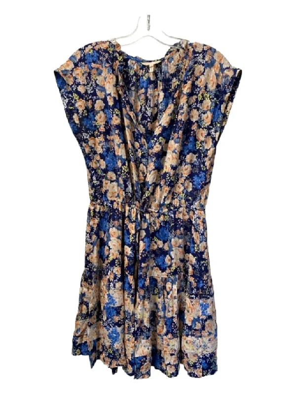 Rebecca Taylor Size 8 Navy & Multi Silk Half Button V Neck Cap Sleeve Dress
