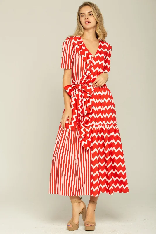 Red and White Stripes Layered Maxi Dress Comfortable Fit-and-Flare Maxi Dress