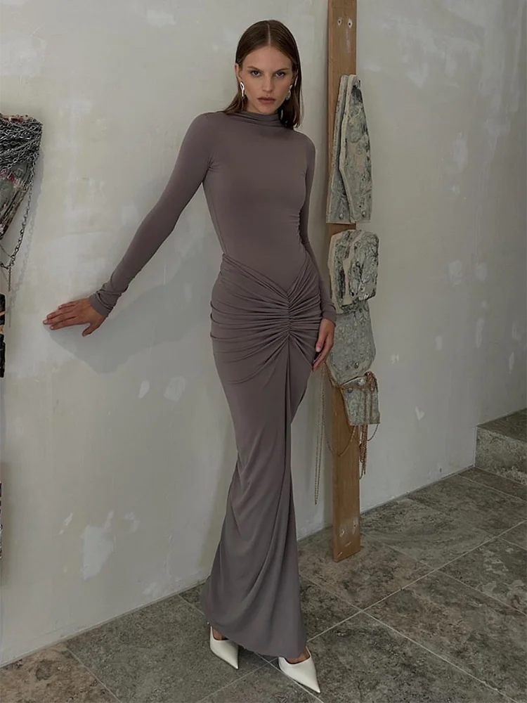 Ruched Mock Neck Maxi Dress Solid Color Bodycon Long Sleeve Pleated Draped Casual Slim Fit Autumn Winter Office Siren Dresses Stylish One-Shoulder Maxi Dress