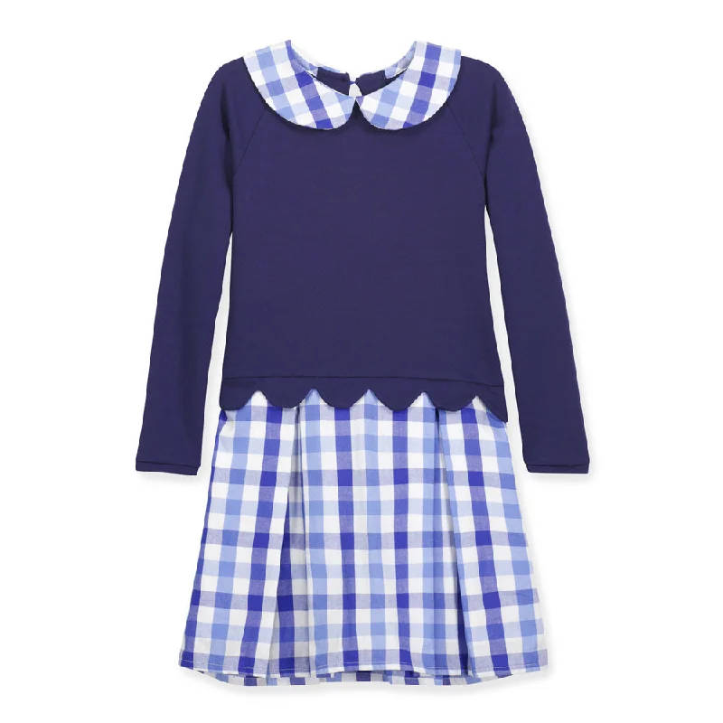 Scalloped Miriam Dress- Navy with Sapphire Check