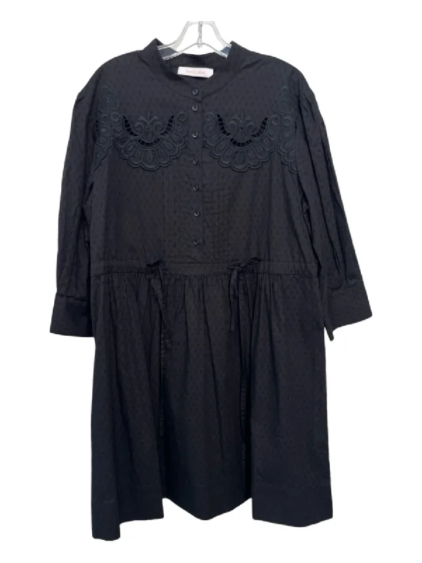 See By Chloe Size 42 Black Cotton Embroidered Long Puff Sleeve Pintuck Dress