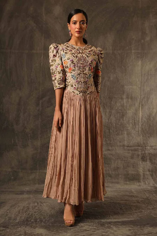 Fawn Beige Embroidered A-Line Dress