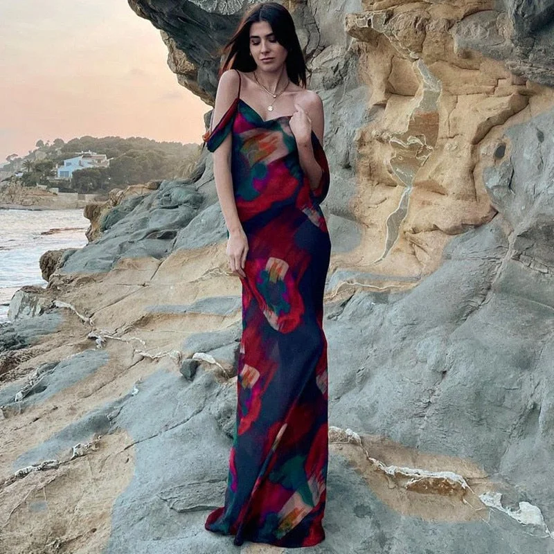 Cinessd  Women Boho Floral Holiday Long Maxi Dress Summer Evening Party Mesh Sundress Vacation Spaghetti Strap A-line Dresses Robes Classic Black Maxi Dress