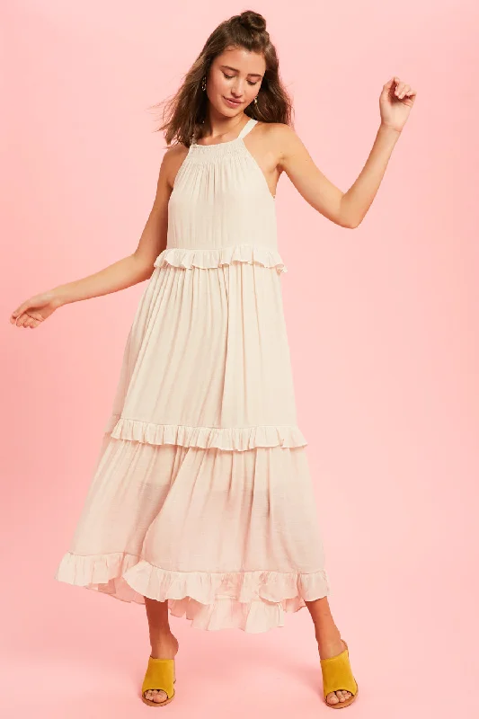 Tiered Ruffle Maxi Dress, Champagne Cozy Maxi Dress with Slit