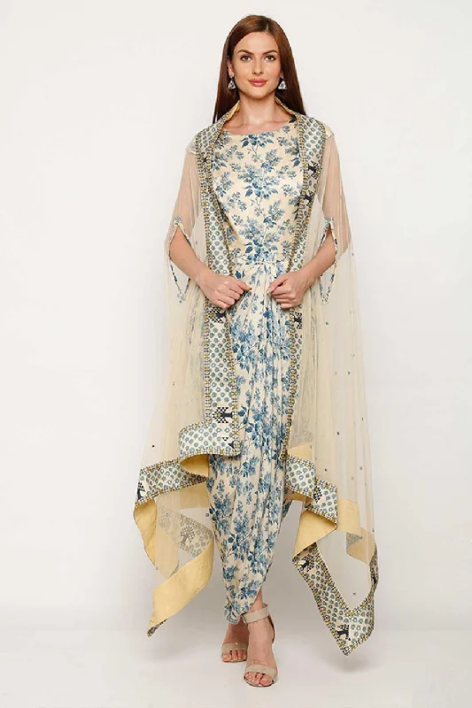 Blue Drape Dress & Cape Co-ord Set (Set of 2)