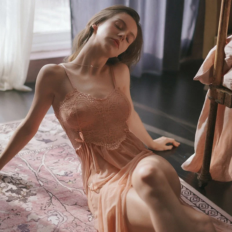 SP&CITY Sexy Pajamas Lace Sleepwear Bow Sling Transparent Nightwear Side Fork Women Dress Mesh Lingerie Temptation Nightgown