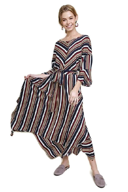 Striped Bell Sleeve Maxi Dress Elegant Wraparound Maxi Dress