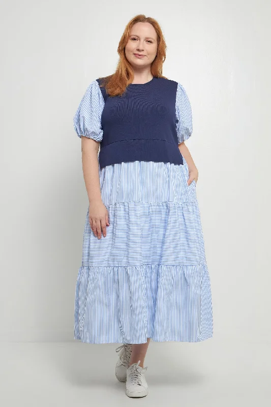 English Factory - Striped Mixed Media Maxi Dress Trendy Button Front Maxi Dress