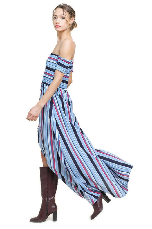 Striped Ruffle Tulip Maxi Dress, Blue Fashionable Chiffon Tiered Maxi Dress