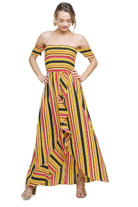 Striped Ruffle Tulip Maxi Dress, Sunray Stylish Button-Up Maxi Dress