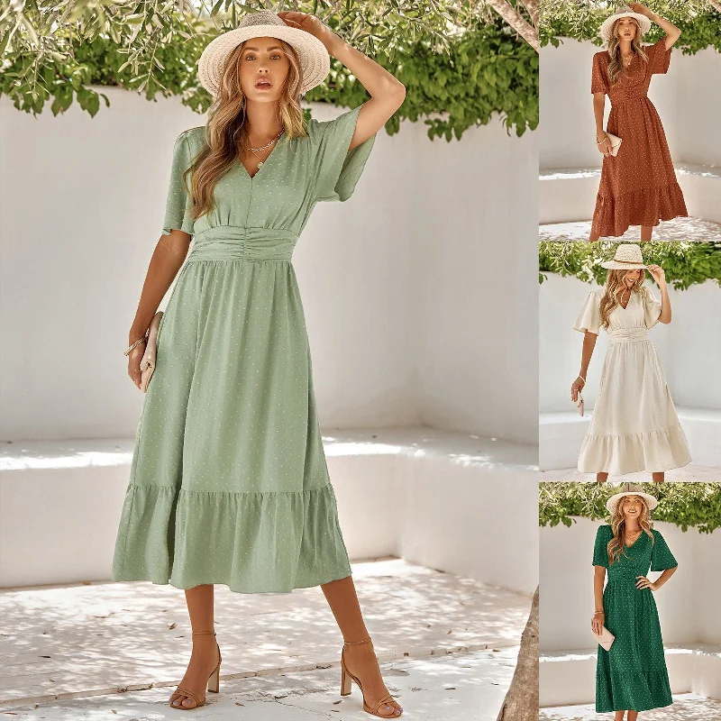 Summer New V-Neck Ruffle Sleeve Solid Color Maxi Dress Comfortable Cotton Maxi Dress Summer New V-Neck Ruffle Sleeve Solid Color Maxi Dress Comfortable Cotton Maxi Dress