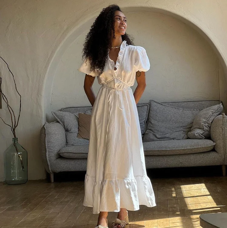 Summer Short Sleeve French Style White V-Neck Casual Maxi Dress Fashionable Chiffon Maxi Dress Summer Short Sleeve French Style White V-Neck Casual Maxi Dress Fashionable Chiffon Maxi Dress