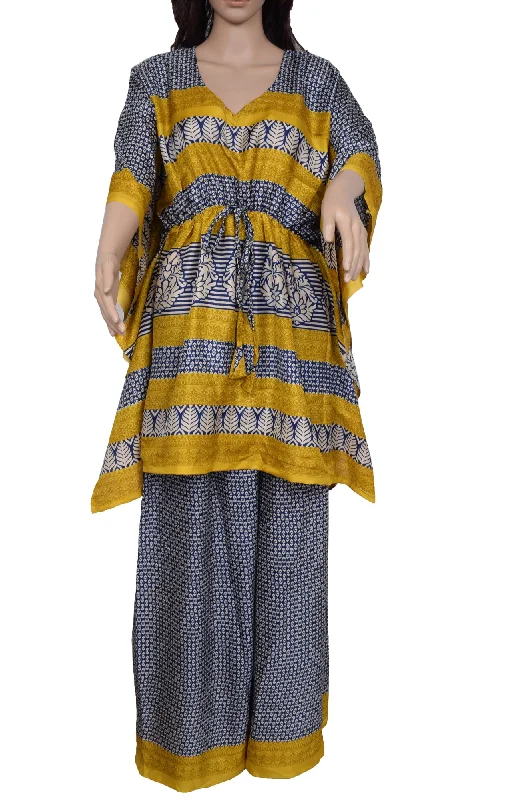 Sushila Vintage Blend Silk Sari Dress upcycled Palazzo Pants & Kafthan Top Blue