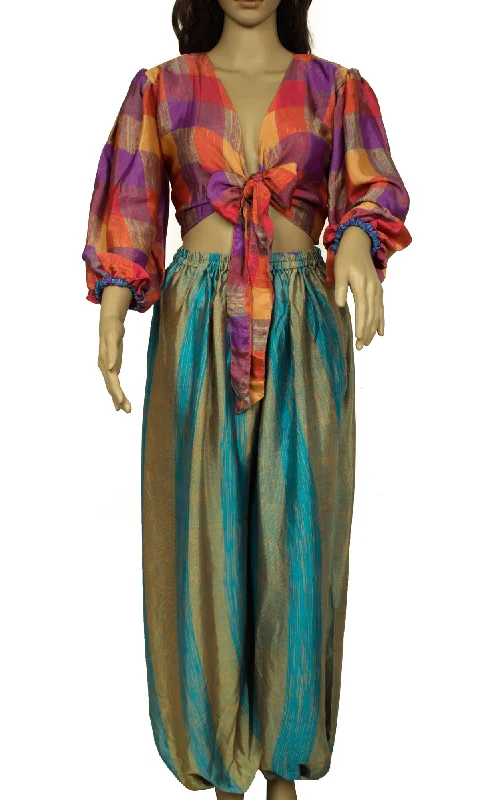 Sushila Vintage Women Dress Blend Silk Sari upcycled Aladdin Pants & Crop Top
