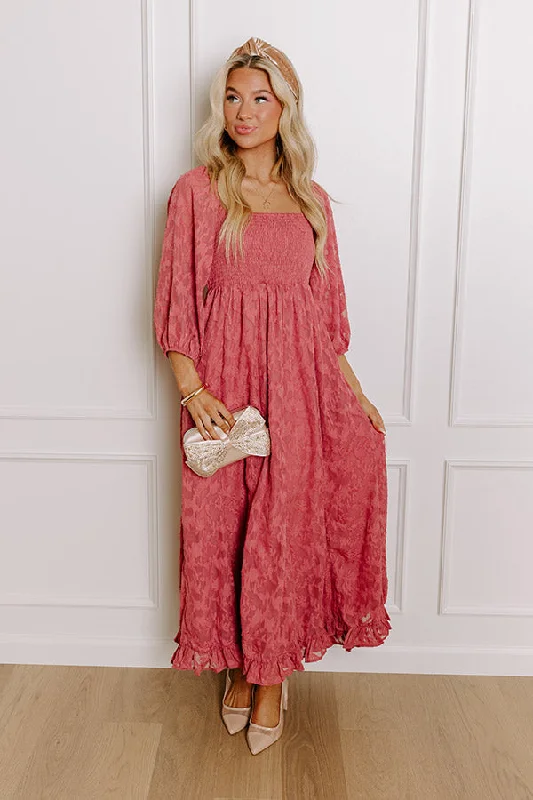 Sweetest Secret Jacquard Maxi Dress in Rustic Rose Stylish Pleated A-Line Maxi Dress Sweetest Secret Jacquard Maxi Dress in Rustic Rose Stylish Pleated A-Line Maxi Dress