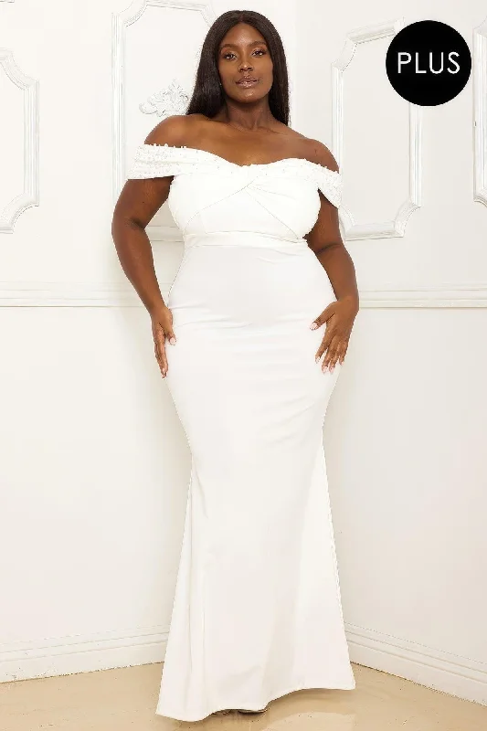 Pearl Bead Off The Shoulder Plus Size Maxi Dress Stylish Maxi Dress with Frills