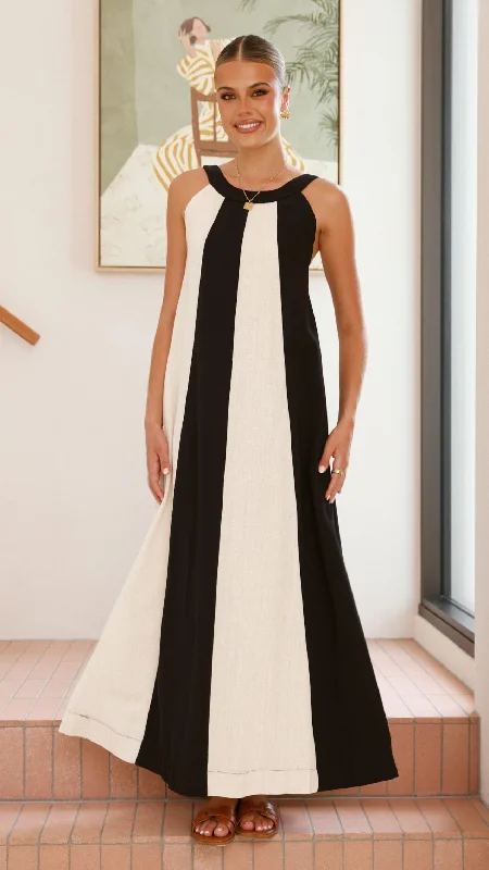 Talaith Maxi Dress - Black / Cream Trendy Maxi Dress with Belt