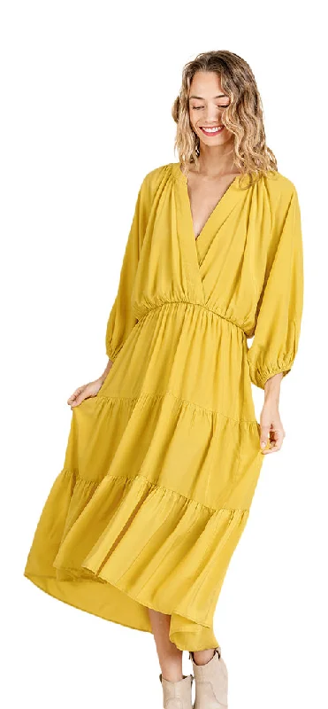 Tiered Ruffle Maxi Dress, Yellow Trendy Short Sleeve Maxi Dress