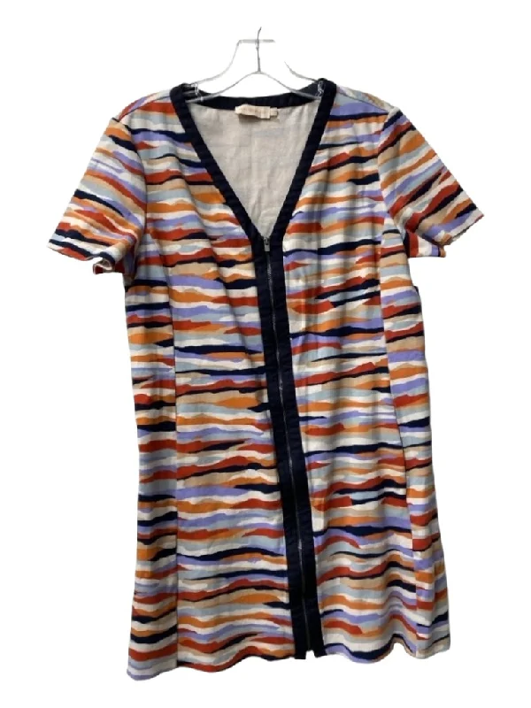 Tory Burch Size XL Orange, Navy, White Cotton V Neck Zip Front Abstract Dress
