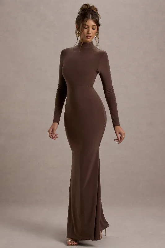 Tova | Chocolate High-Neck Long-Sleeve Maxi Dress Stylish Off-Shoulder Maxi Dress