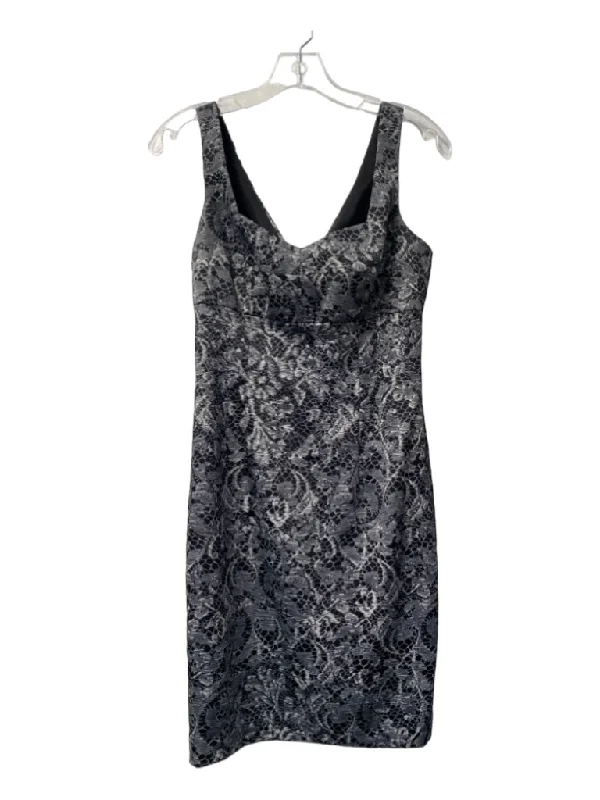 Trina Turk Size 2 Black & Gray Polyester Sweetheart Neckline Lace Print Dress