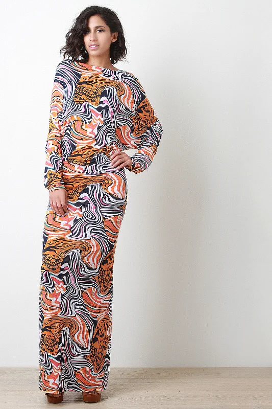 Abstract Deep V Back Dolman Maxi Dress Comfortable Maxi Dress with Belt