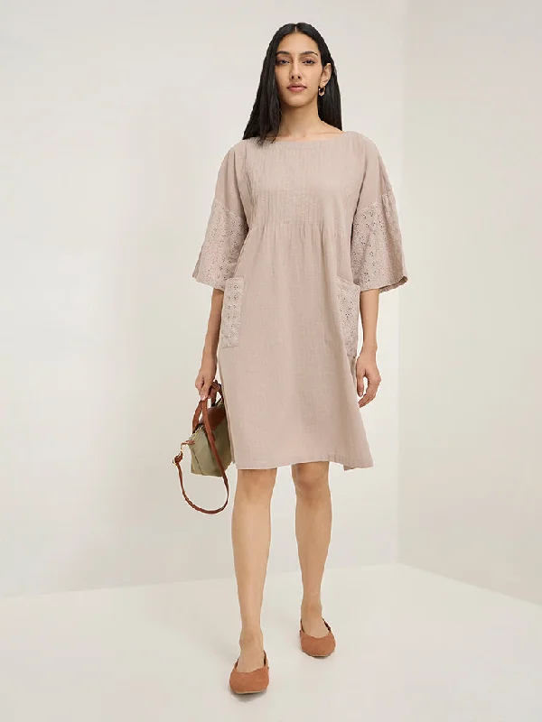 Utsa Beige Schiffli Design Cotton A-Line Dress