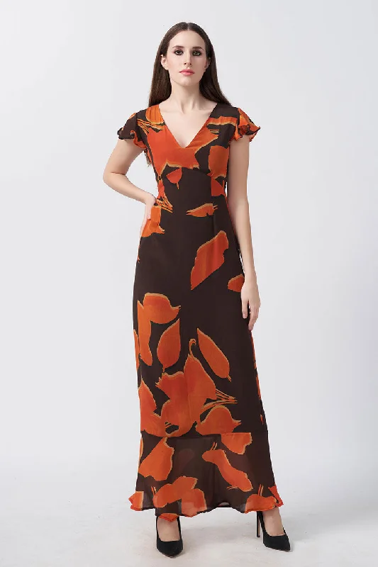 Brown Abstract Printed Long Dress
