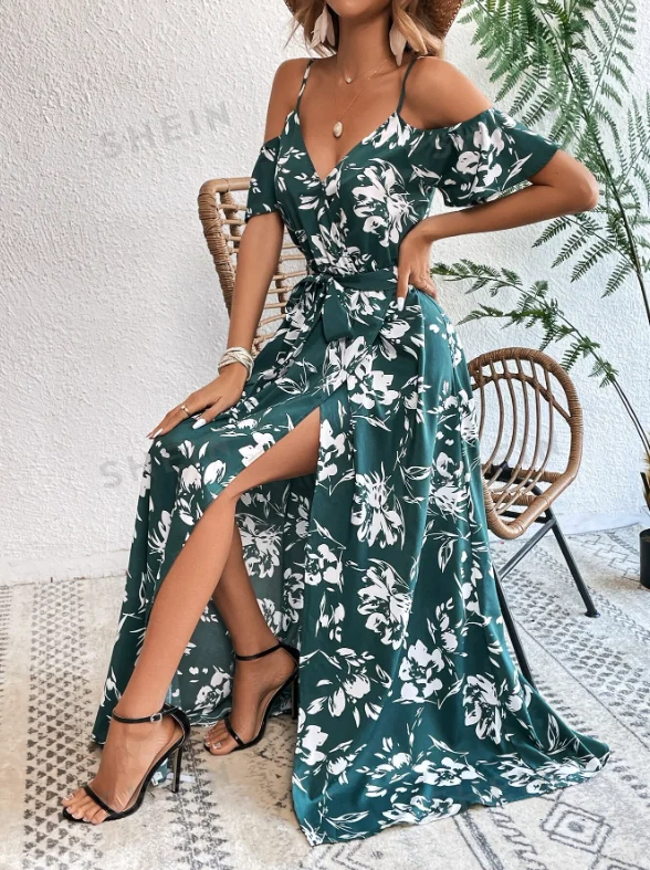 Maxi Dress VCAY Summer Woman Floral Print Cold Shoulder Wrap Hem Belted Dress Elegant Maxi Dress with Lace Maxi Dress VCAY Summer Woman Floral Print Cold Shoulder Wrap Hem Belted Dress Elegant Maxi Dress with Lace