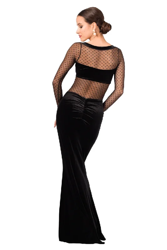 Velvet Maxi Dress with Dotted Tulle Top Stylish Empire Waist Maxi Dress