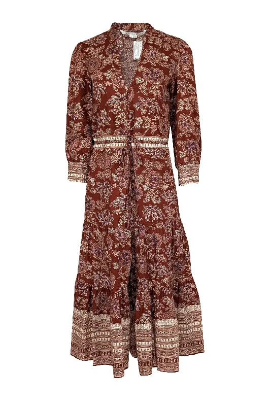 Veronica Beard - Rust Red & Cream Print Mid Maxi Dress Sz 2 Stylish Maxi Dress with Frills