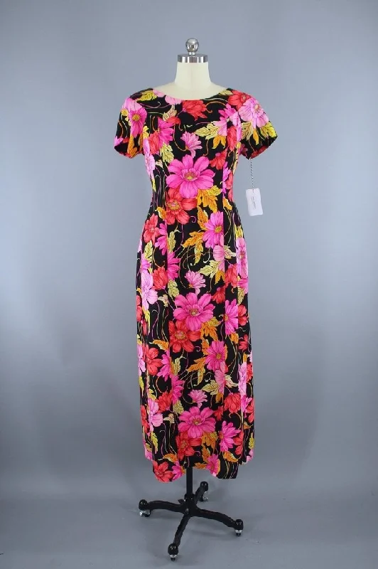 Vintage Pink & Black Hawaiian Maxi Dress Fashionable Maxi Dress with Fringe