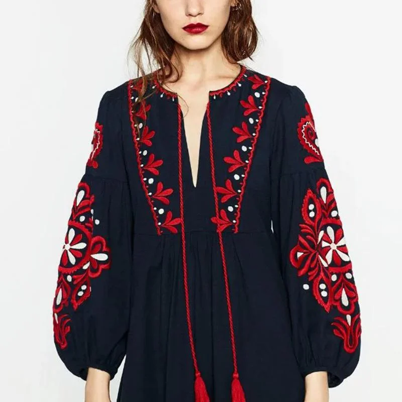 Vintage Ethnic Embroidery Dress/Drawstring Round Neck Lantern Sleeve Long Dress