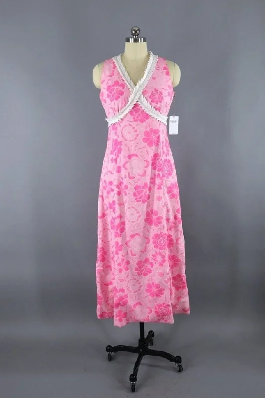 Vintage Pink Hawaiian Print Maxi Dress Fashionable Faux Wrap Maxi Dress