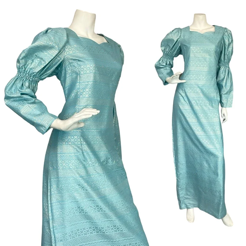 VTG 60S 70S BLUE GEOMETRIC IRIDESCENT JULIET SLEEVE PARTY MAXI DRESS M 12 14 Stylish Maxi Dress with Pleats VTG 60S 70S BLUE GEOMETRIC IRIDESCENT JULIET SLEEVE PARTY MAXI DRESS M 12 14 Stylish Maxi Dress with Pleats