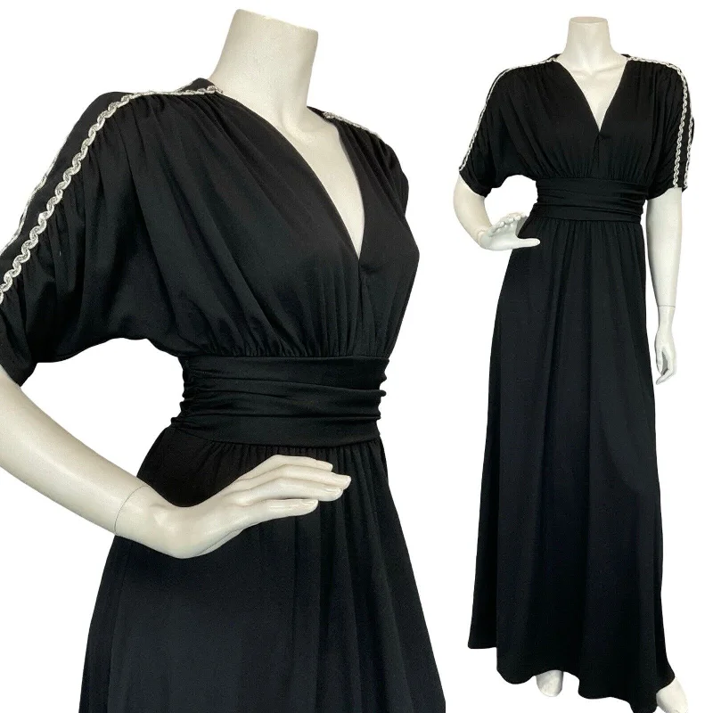 VTG 70S BLACK RUCHED BATWING EVENING SILVER TRIM PARTY MAXI DRESS S 8 10 Elegant Silk Maxi Dress VTG 70S BLACK RUCHED BATWING EVENING SILVER TRIM PARTY MAXI DRESS S 8 10 Elegant Silk Maxi Dress
