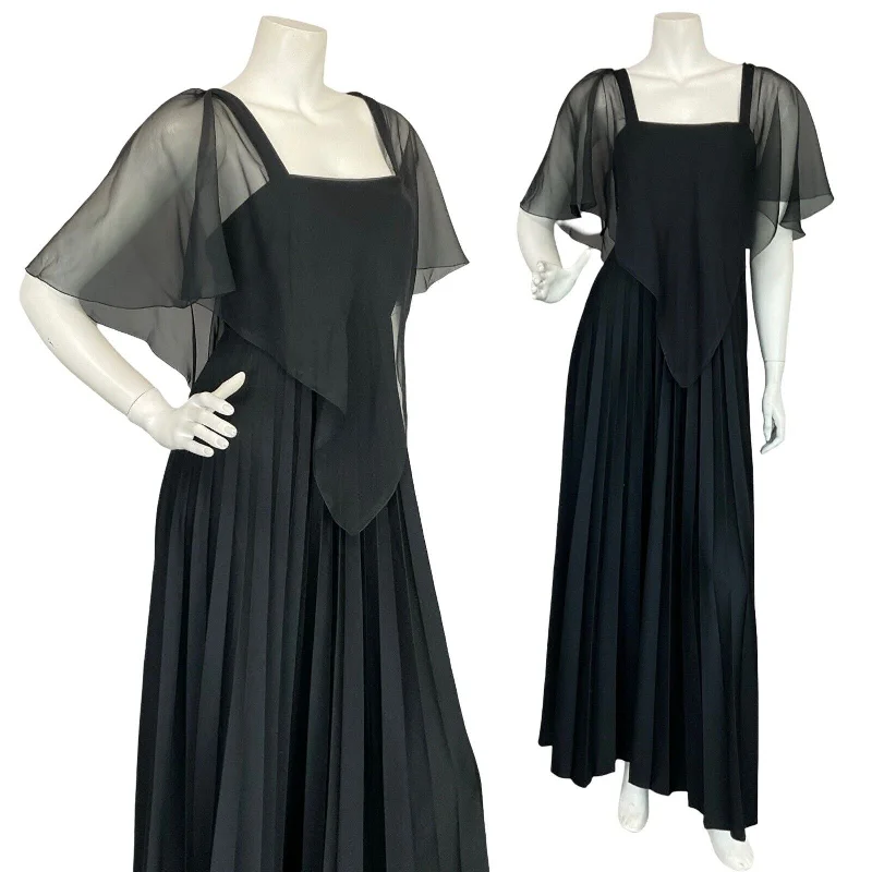 VTG 70S PETERSON MAID OF LONDON BLACK MESH CAPE PLEATED EVENING MAXI DRESS 10 Fashionable Layered Maxi Dress VTG 70S PETERSON MAID OF LONDON BLACK MESH CAPE PLEATED EVENING MAXI DRESS 10 Fashionable Layered Maxi Dress