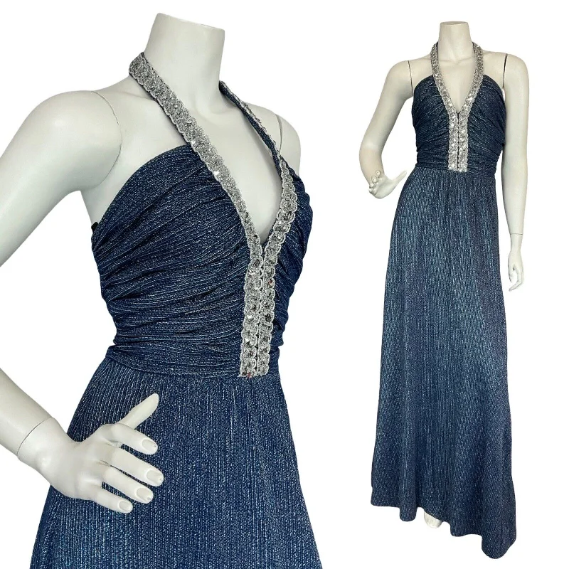 VTG 70S STUDIO 54 BLUE SILVER SEQUIN TRIM STRIPED HALTER NECK MAXI DRESS 8 10 S Cozy Open-Back Maxi Dress VTG 70S STUDIO 54 BLUE SILVER SEQUIN TRIM STRIPED HALTER NECK MAXI DRESS 8 10 S Cozy Open-Back Maxi Dress