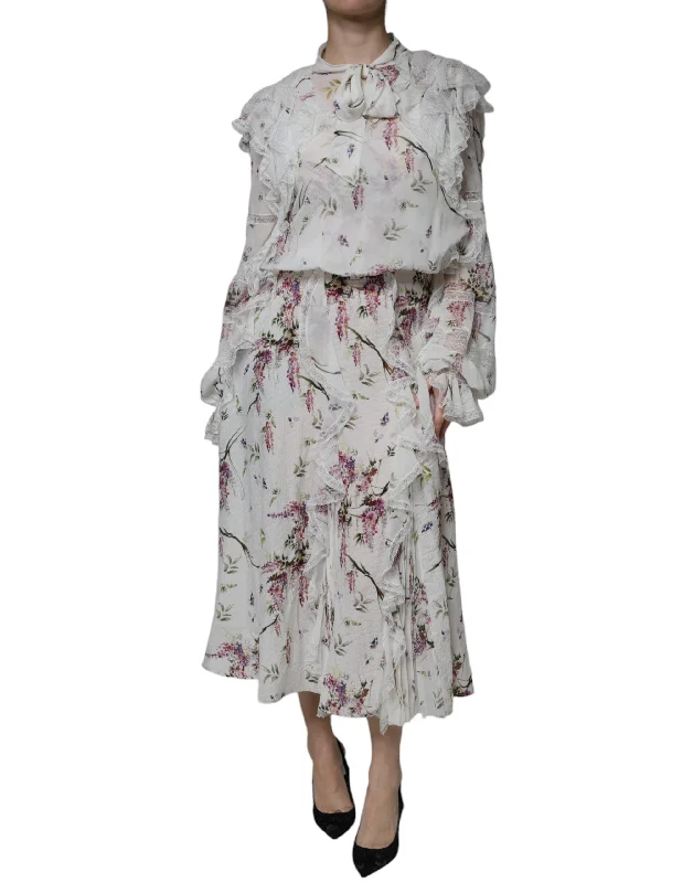White Floral Ruffles Lace Long Sleeves Maxi Dress Chic Summer Floral Maxi Dress