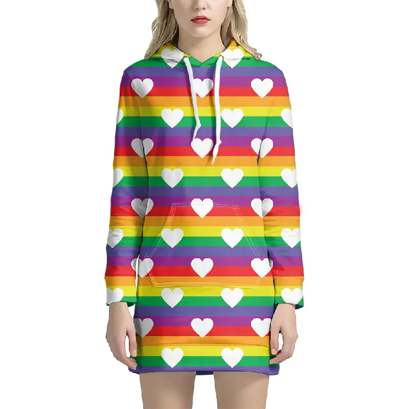 White Heart On LGBT Pride Striped Print Pullover Hoodie Dress