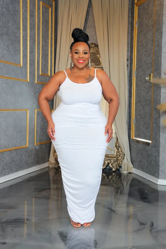 White Shirred Maxi Dress Comfortable Maxi Dress with Sleeves