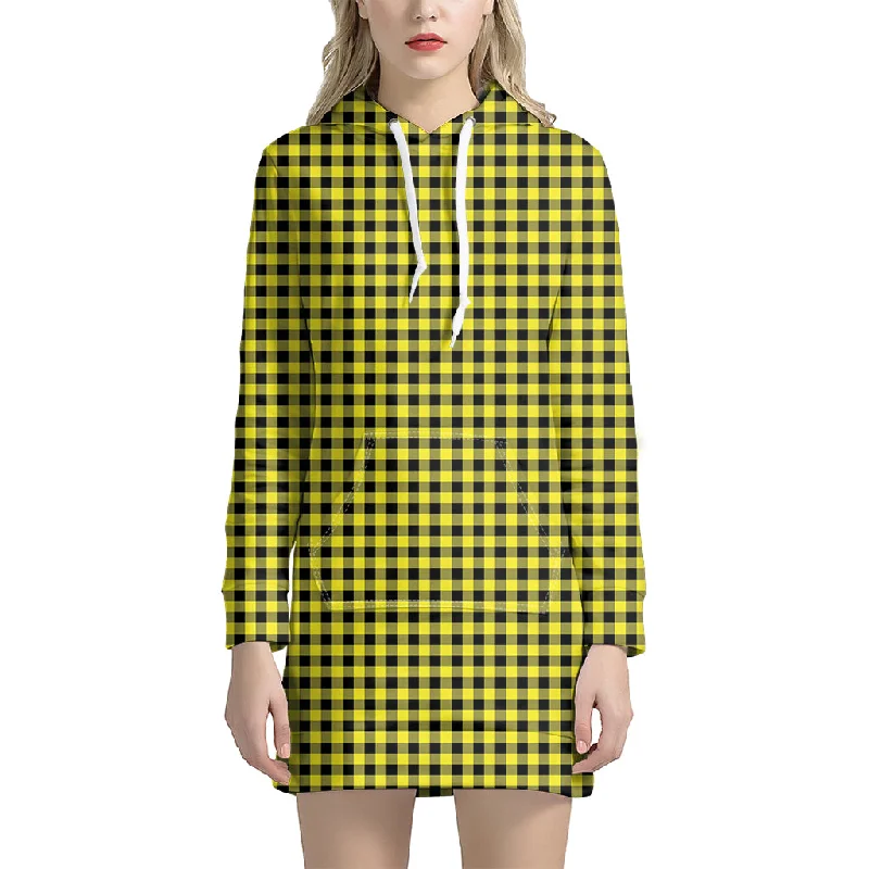 Yellow And Black Check Pattern Print Pullover Hoodie Dress