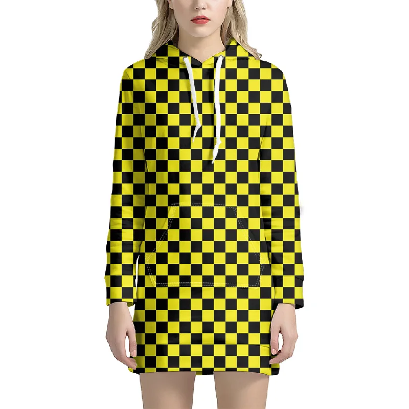 Yellow And Black Checkered Pattern Print Pullover Hoodie Dress