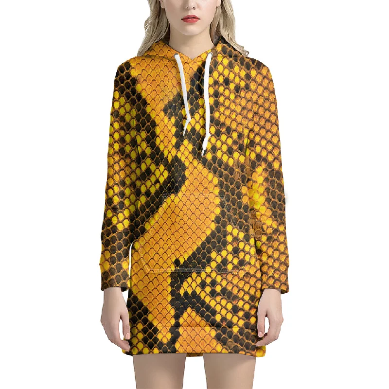 Yellow And Black Snakeskin Print Pullover Hoodie Dress